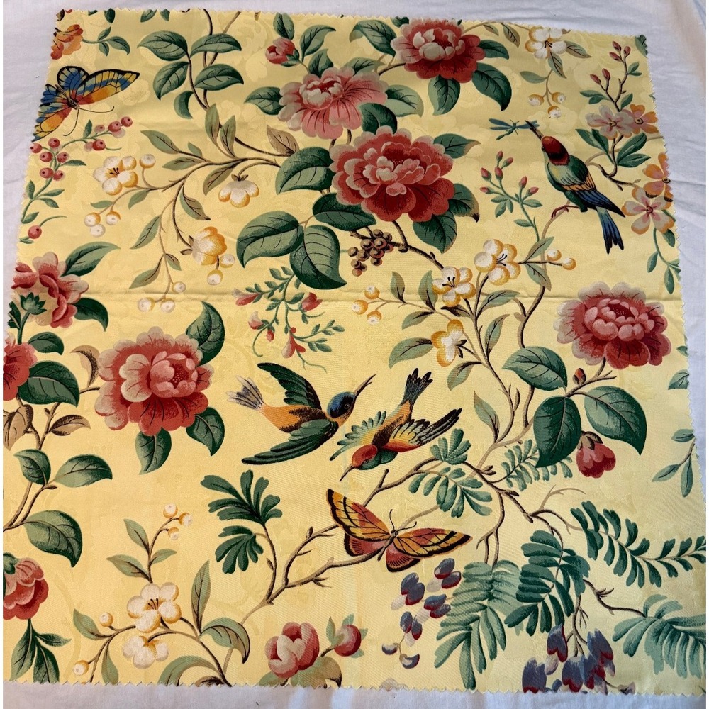 Vintage new yellow background Birds Robins Fabric flowers 25" x 25" bugs
